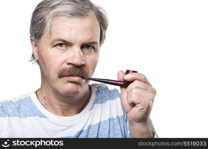 mature man with smoking pipe isolated on white background
