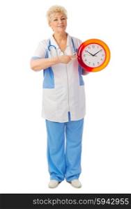 Mature nurse with clock isolated