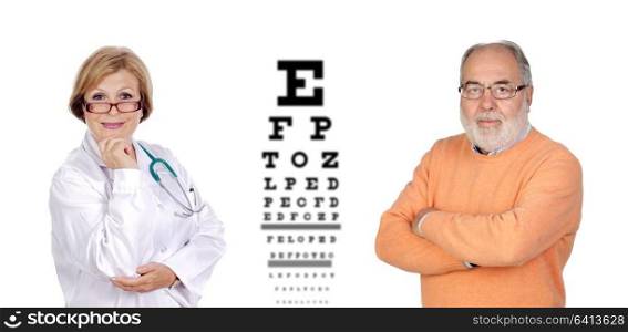 Mature oculist woman with senior man, both with glasses, checking his view