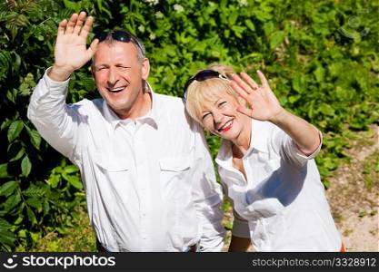Mature or senior couple at a summer day waving their hands at the viewer