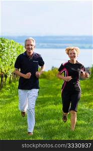 Mature or senior couple doing sport outdoors, jogging down a vineyard in summer