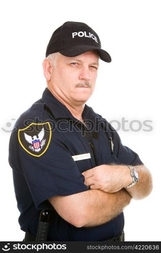 Mature police officer with a suspicious expression. Isolated on white.