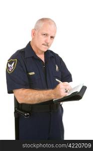 Mature police officer with serious expression writing up your traffic ticket. Isolated on white.