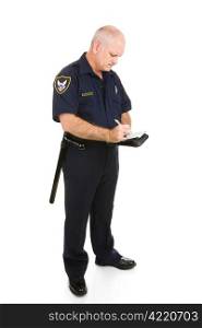Mature police officer writing a ticket. Full body isolated on white.