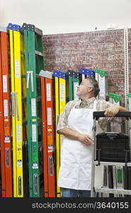 Mature salesperson standing by multicolored ladders in hardware store