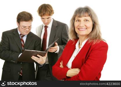 Mature successful woman business leader with her team. Isolated on white.