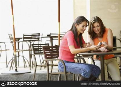 Mature woman and a mid adult woman sitting at a table and operating a mobile phone
