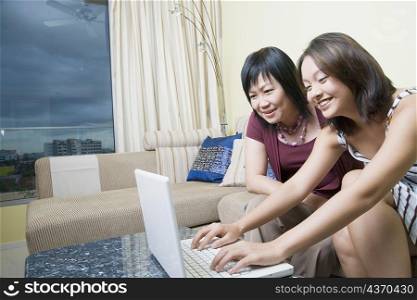 Mature woman and her daughter using a laptop and smiling