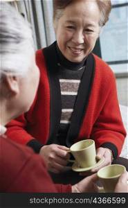 Mature woman facing a senior woman holding a cup of tea