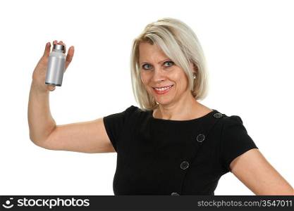 mature woman holding a bottle of pills isolated on white background