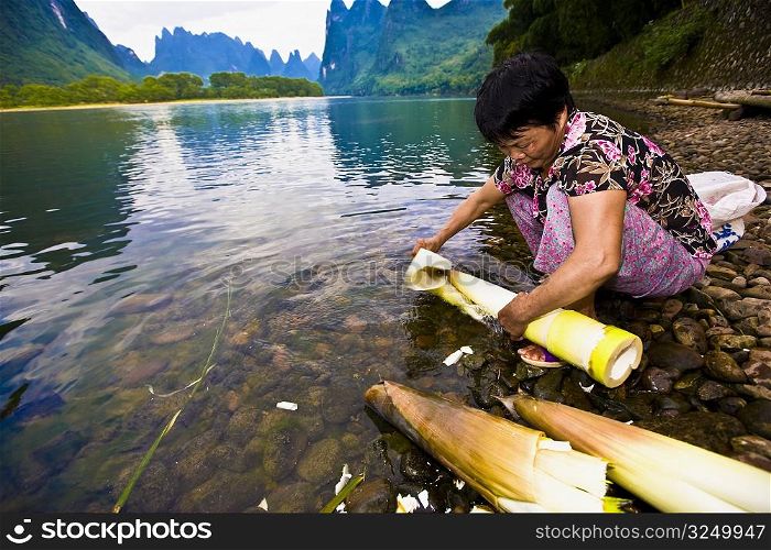 Mature woman peeling banana shoots at riverside, Li River, XingPing, Yangshuo, Guangxi Province, China