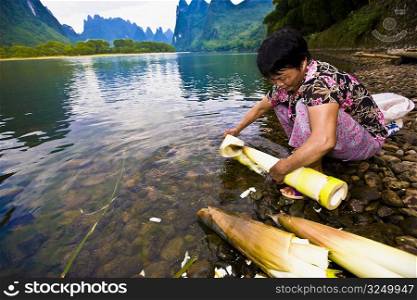 Mature woman peeling banana shoots at riverside, Li River, XingPing, Yangshuo, Guangxi Province, China