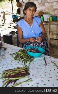 Mature woman peeling beans in a kitchen, Papantla, Veracruz, Mexico