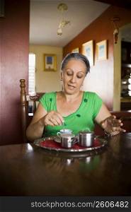 Mature woman stirring a cup of tea with a spoon
