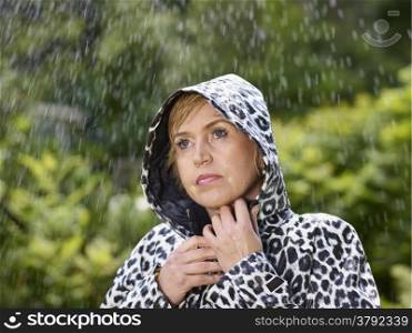 Mature woman wearing raincoat, rainy summer day, green nature on background
