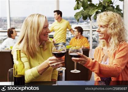 Mature woman with a mid adult woman toasting a drink