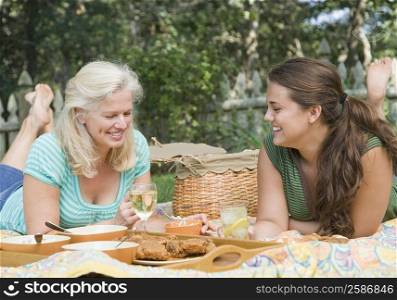 Mature woman with her daughter having picnic in a park