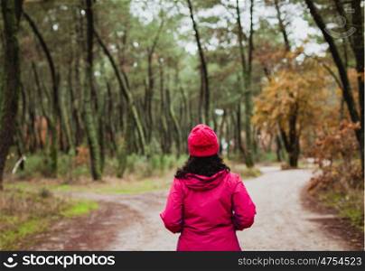 Matured woman hiking in the forest at winter