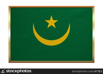 Mauritanian national official flag. African patriotic symbol, banner, element, background. Correct colors. Flag of Mauritania , golden frame, fabric texture, illustration. Accurate size, color