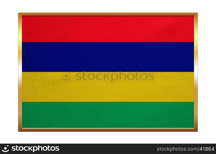 Mauritian national official flag. African patriotic symbol, banner, element, background. Correct colors. Flag of Mauritius , golden frame, fabric texture, illustration. Accurate size, color