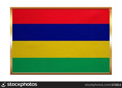 Mauritian national official flag. African patriotic symbol, banner, element, background. Correct colors. Flag of Mauritius , golden frame, fabric texture, illustration. Accurate size, color