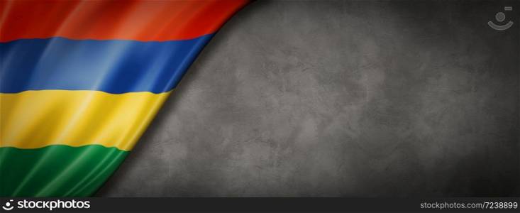 Mauritius flag on concrete wall. Horizontal panoramic banner. 3D illustration. Mauritius flag on concrete wall banner