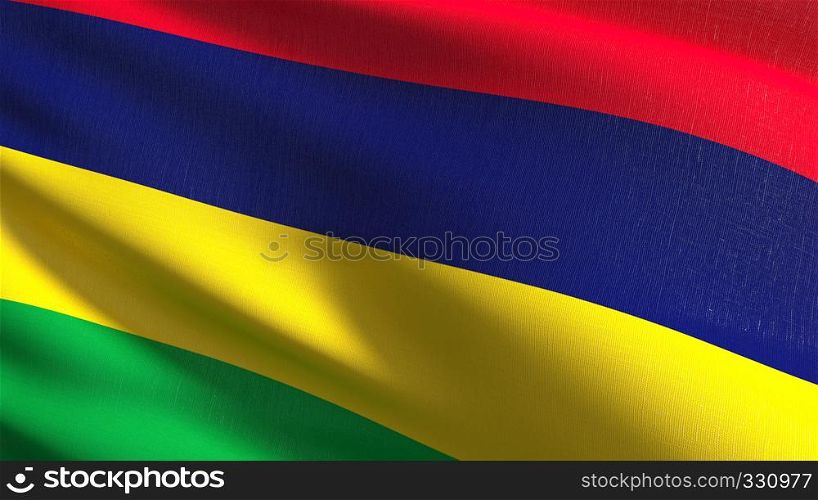 Mauritius national flag blowing in the wind isolated. Official patriotic abstract design. 3D rendering illustration of waving sign symbol.