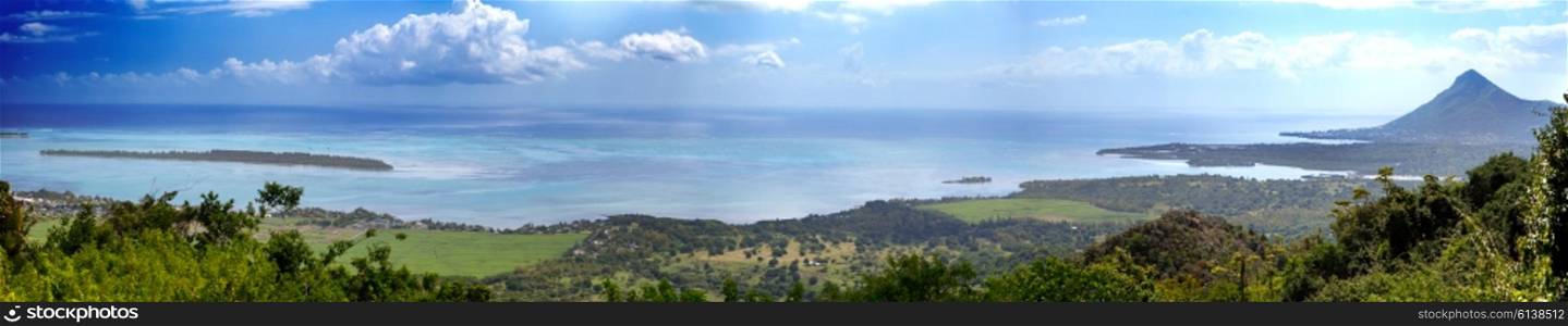 Mauritius. View of mountains and Indian Ocean, panorama