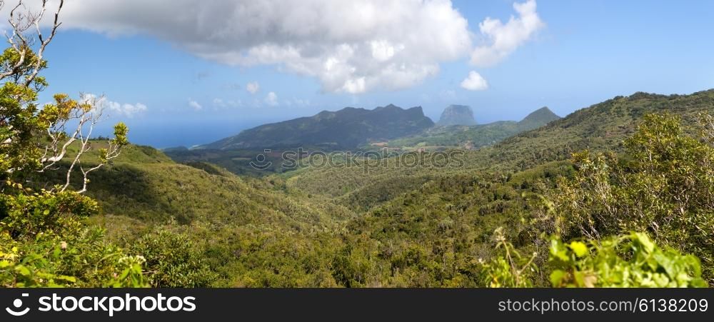 Mauritius. Viewpoint in Alexander&rsquo;s park. Aerial view on mountains and the sea. Panorama