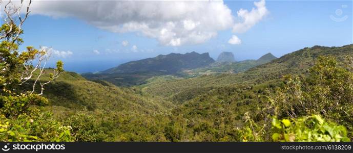 Mauritius. Viewpoint in Alexander&rsquo;s park. Aerial view on mountains and the sea. Panorama