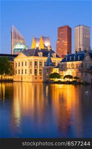 Mauritshuis reflecting in pond at night, Netherlands. city center of Den Haag, Netherlands