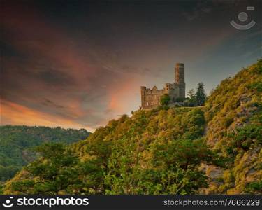 Maus Castle at sunset, Rhine Valley  Rhine Gorge  near St. Goarshausen, Germany. Built in 1386
