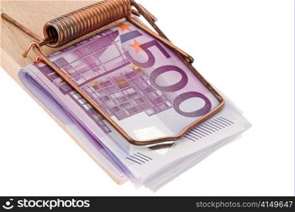 Mausefalle mit Euro Geldscheinen. Image Schulden und Kredite.
