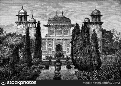 Mausoleum I'timad-ud-Daulah, in Agra, vintage engraved illustration. Le Tour du Monde, Travel Journal, (1872).