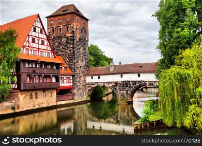 Maxbrucke bridge and Henkerturm tower in Nuremberg, Germany