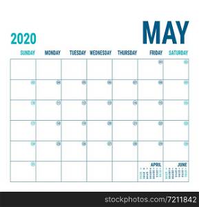 May 2020. Calendar planner. English calender template. Vector square grid. Office business planning. Creative design. Blue color