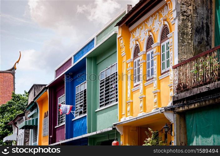 MAY 23, 2020 Phuket, Thailand - Old colourful Phuket Sino Portuguese house and townhouse in Soi Romanee famous district in Phuket Old town area.