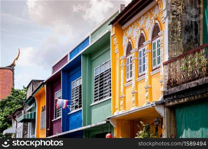 MAY 23, 2020 Phuket, Thailand - Old colourful Phuket Sino Portuguese house and townhouse in Soi Romanee famous district in Phuket Old town area.