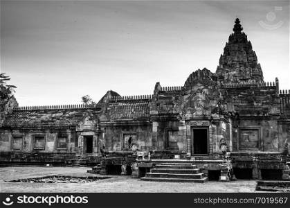 MAY 31, 2014 Buriram, Thailand -  Black and white image of Phanom Rung sandstone castle historical Park, ancient thousand years Khmer architecture castle rock