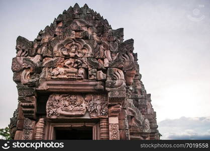 MAY 31, 2014 Buriram, Thailand - Carved sandstone facade famous Narai Bantomsin lintel at its place of ancient Phanom Rung castle, Khmer architecture inspire from Hindu religion