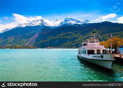 May 4, 2016 - Brienz, Switzerland : Ferry ship in Lake Brienz, The public transport between Brienz and Interlaken.