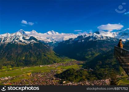 May 4, 2016 - Interlaken, Switzerland : Aerial view of Interlaken and Jungfraujoch, Monch, Eiger from Harder Kulm