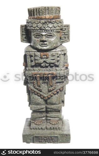 Maya statue in green stone on a white background