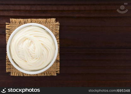 Mayonnaise sauce in white bowl, photographed overhead with copy space on the side (Selective Focus, Focus on the mayonnaise). Mayonnaise