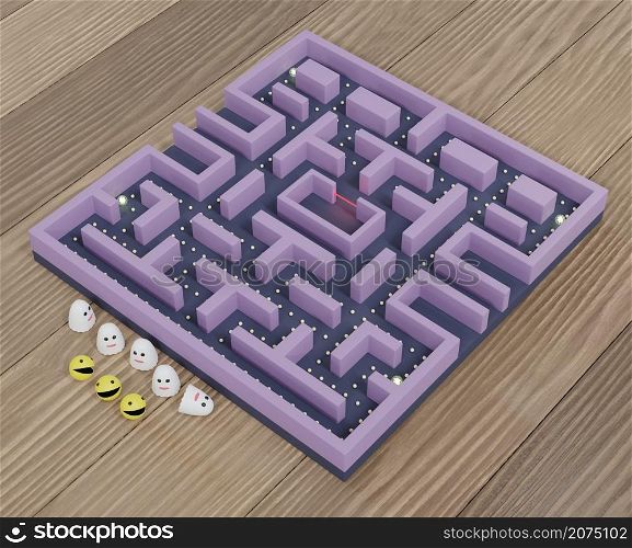 Maze or labyrinth old arcade video board game with yellow dot eater and ghost model on wooden plank or table 3D rendering illustration