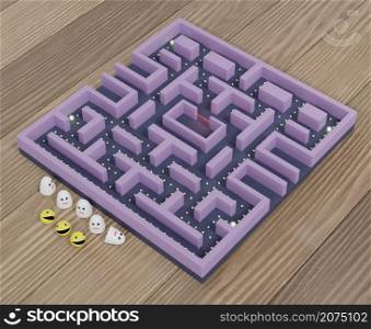Maze or labyrinth old arcade video board game with yellow dot eater and ghost model on wooden plank or table 3D rendering illustration
