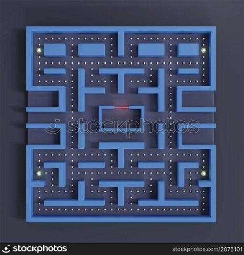 Maze or labyrinth screenshot scene of old arcade video game yellow dot eater 3D rendering illustration