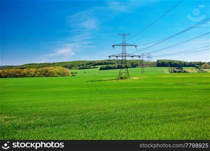 meadow and power line against the blue sky