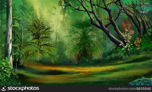 Meadow in a rainforest at day. Digital Painting Background, Illustration.. Meadow in a rainforest Illustration