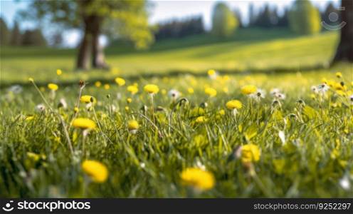 Meadow of yellow dandelion. Illustration Generative AI

